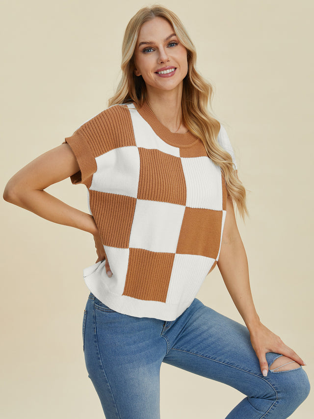 Double Take Full Size Checkered Round Neck Short Sleeve Sweater Trendsi Hanalas