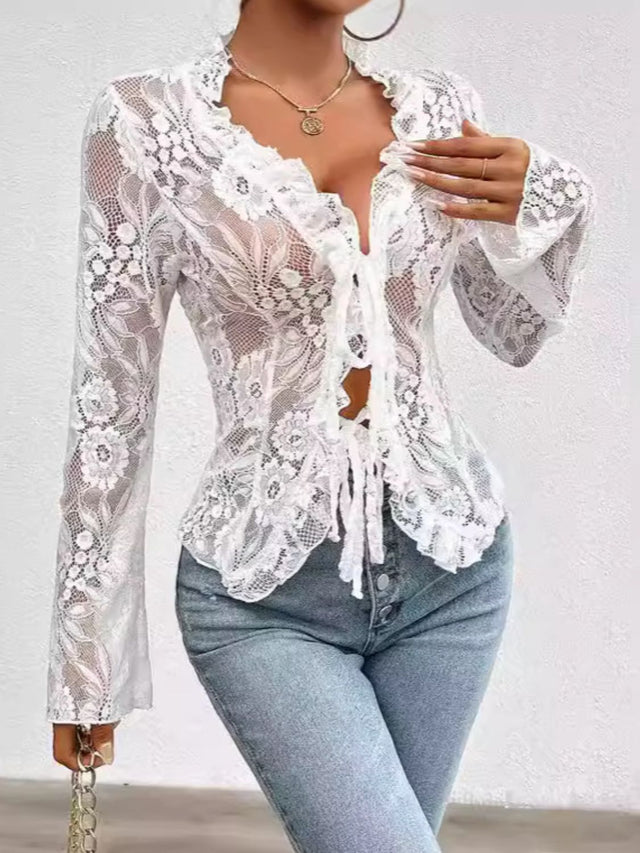 Tied V-Neck Long Sleeve Lace Top | Hanalas