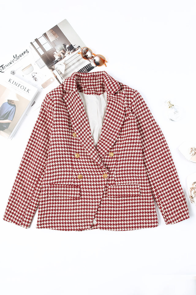 Houndstooth Collared Neck Double-Breasted Blazer | Hanalas