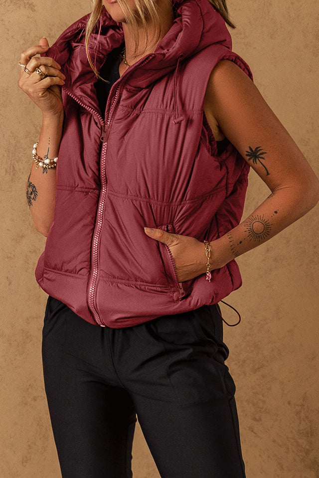 Drawstring Zip Up Hooded Vest Coat