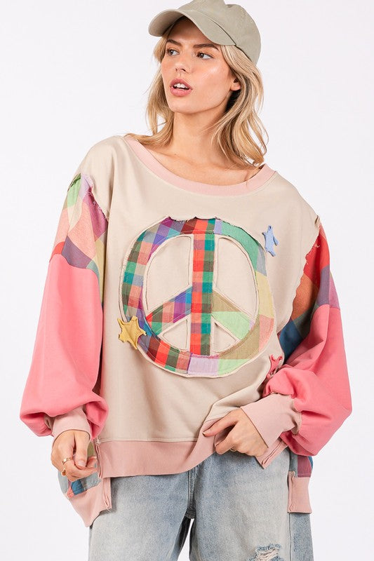 SAGE + FIG Full Size Contrast Peace Patch Dropped Shoulder Sweatshirt | Hanalas