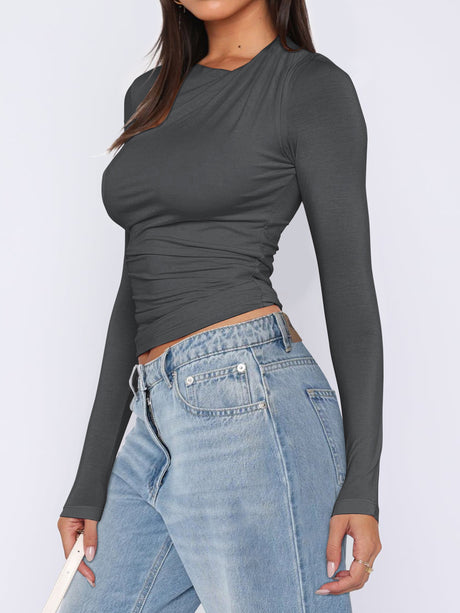 Ruched Asymmetrical Neck Long Sleeve T-Shirt | Hanalas