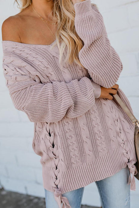 Cable Knit Lace Up V-Neck Sweater | Hanalas