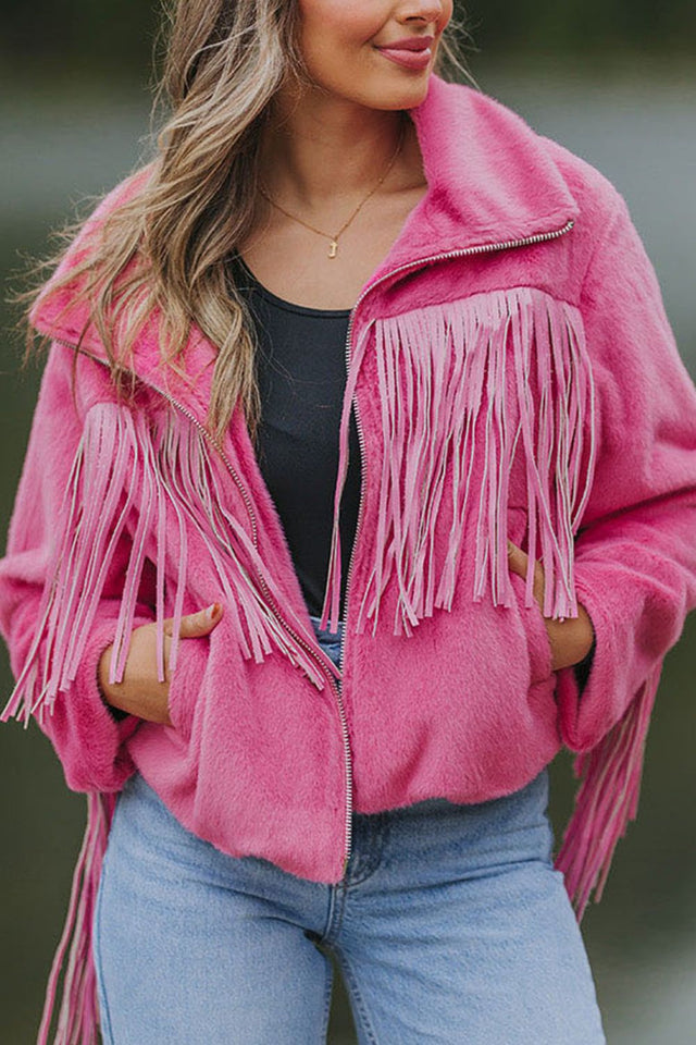 Fringed Zip Up Fleece Jacket | Hanalas