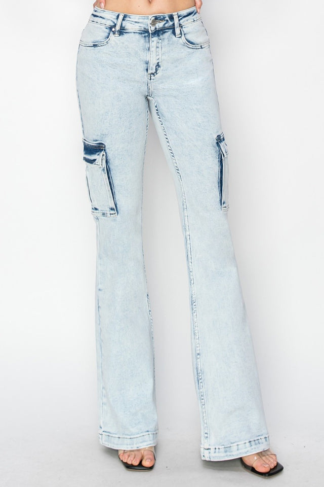 RISEN Full Size High Rise Cargo Flare Jeans | Hanalas