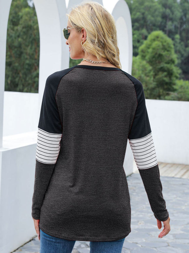 Contrast Striped Round Neck Long Sleeve T-Shirt | Hanalas