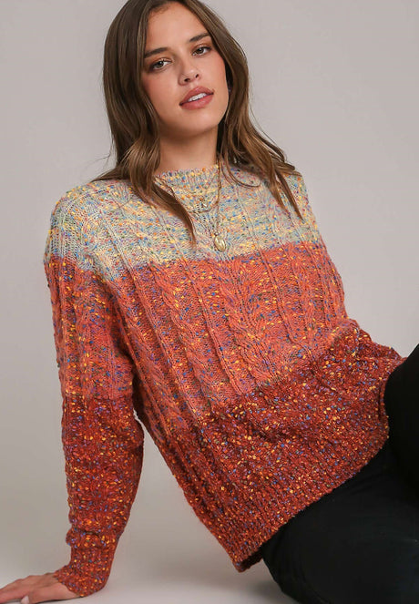 Cable-Knit Color Block Round Neck Long Sleeve Sweater Trendsi Hanalas