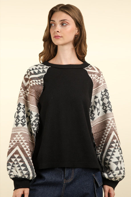 VERY J Printed Long Sleeve Round Neck Knit Top | Hanalas