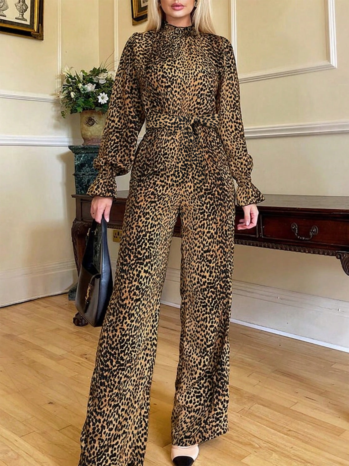 Leopard Flounce Sleeve Wide Leg Jumpsuit