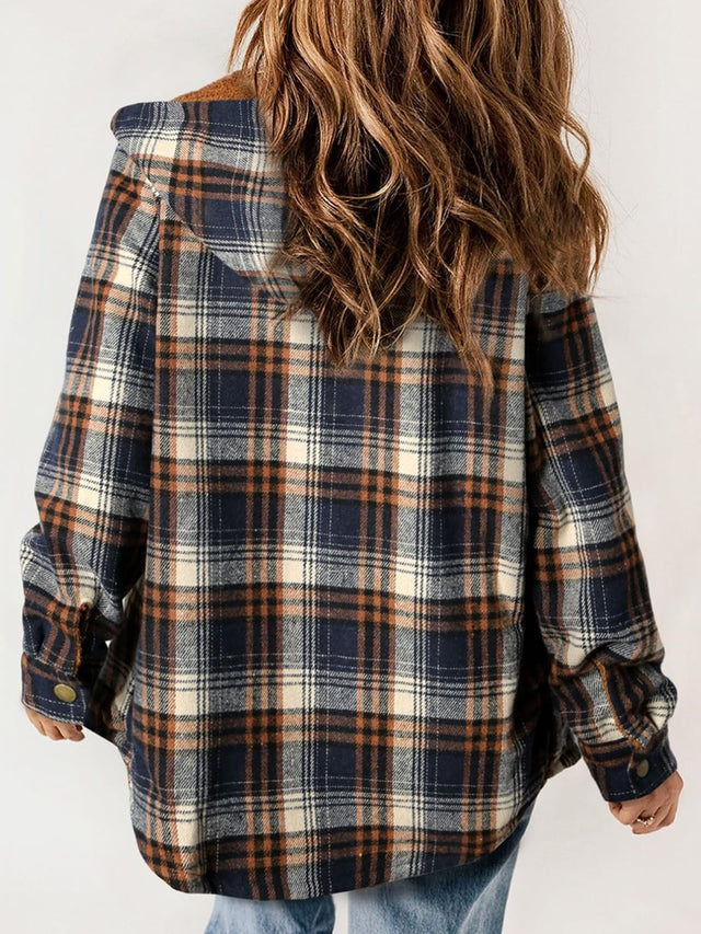 Plaid Snap Down Plush Hooded Jacket | Hanalas