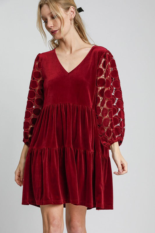 Umgee Dotted Lace Sleeve Tiered Velvet Mini Dress | Hanalas