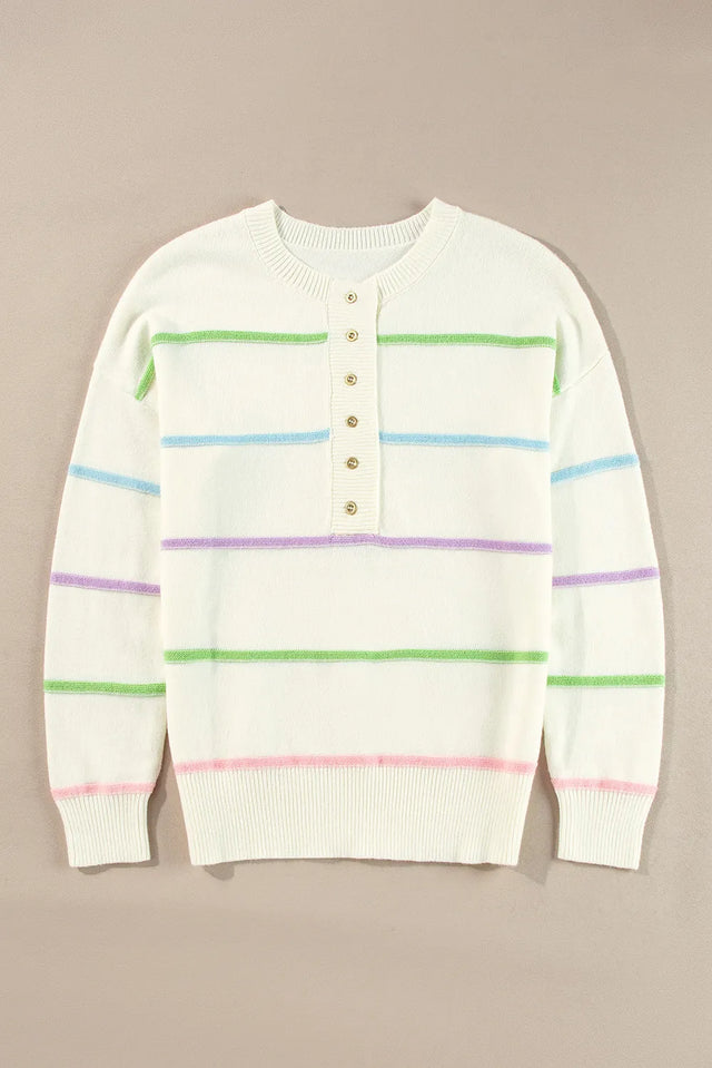 Contrast Striped Half Button Round Neck Sweater Trendsi Hanalas