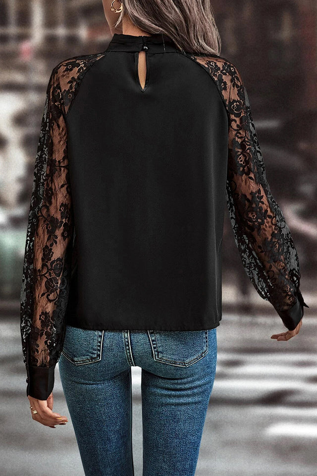 Cutout Lace Detail Long Sleeve Blouse | Hanalas