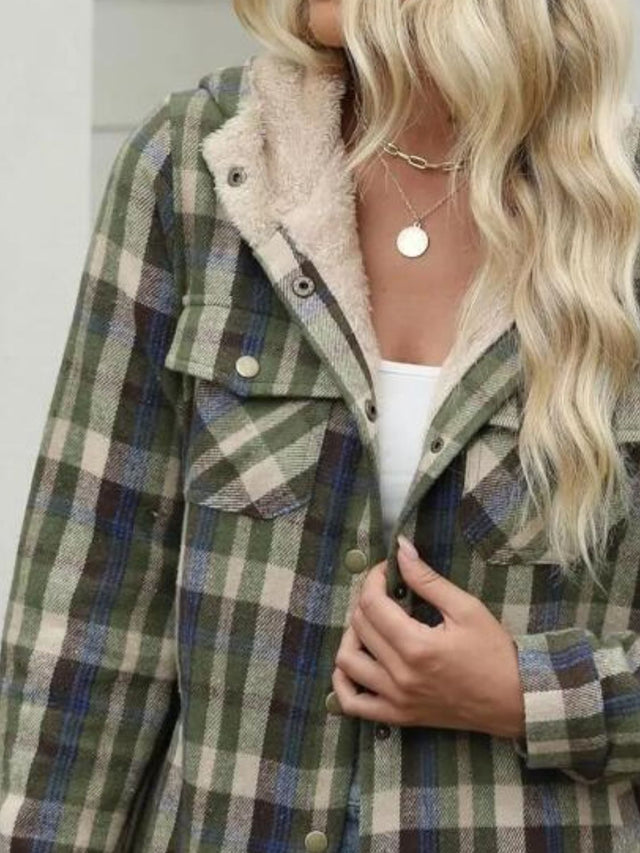 Plaid Snap Down Plush Hooded Jacket | Hanalas