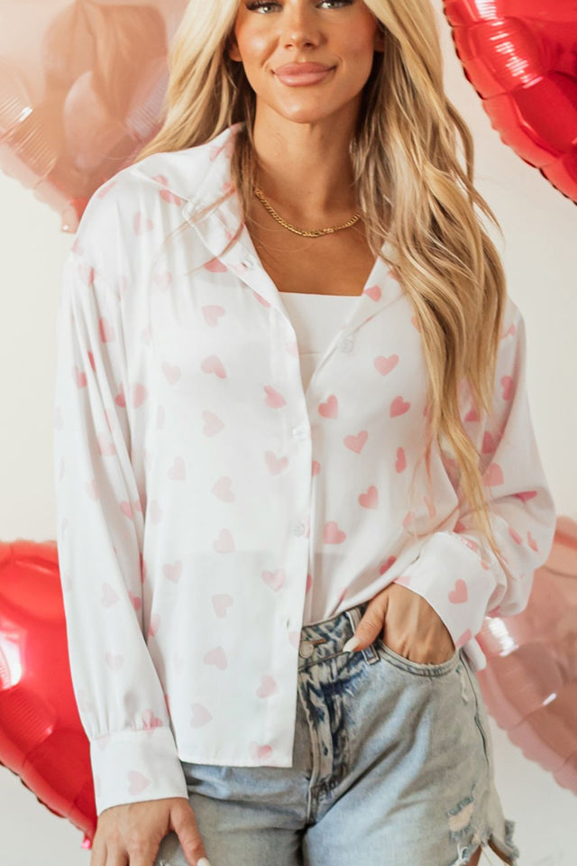 Heart Print Collared Neck Long Sleeve Shirt | Hanalas