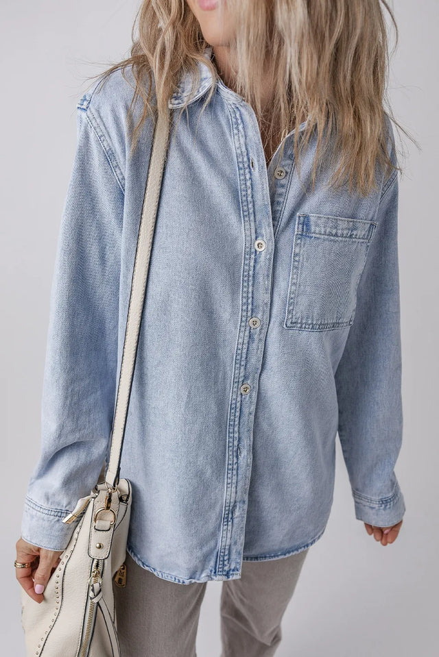 Pocketed Collared Neck Denim Top Trendsi Hanalas