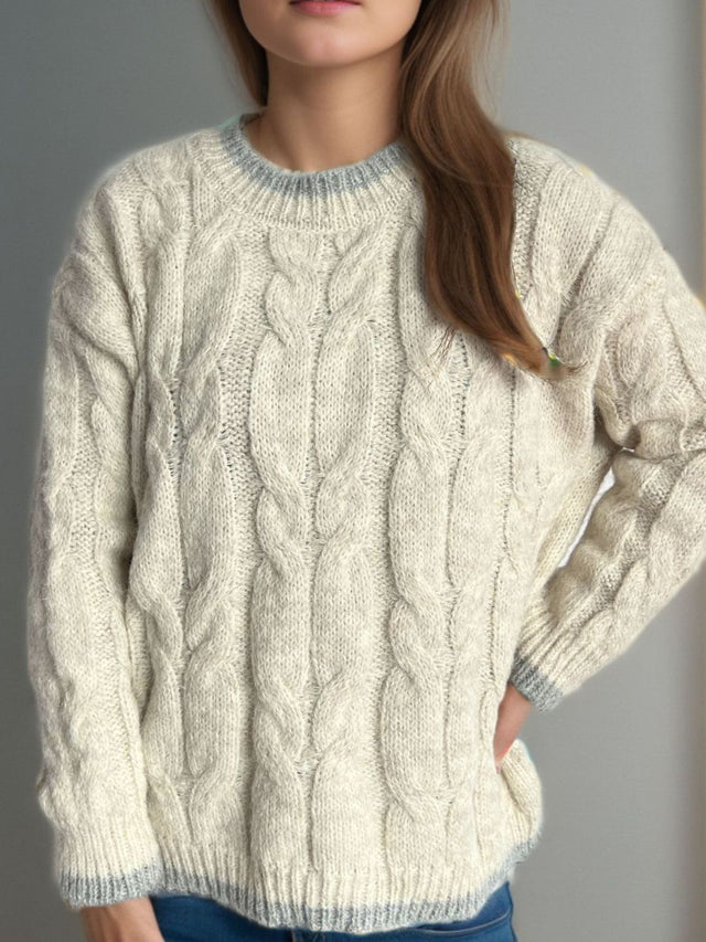 Cable Knit Round Neck Long Sleeve Sweater Trendsi Hanalas