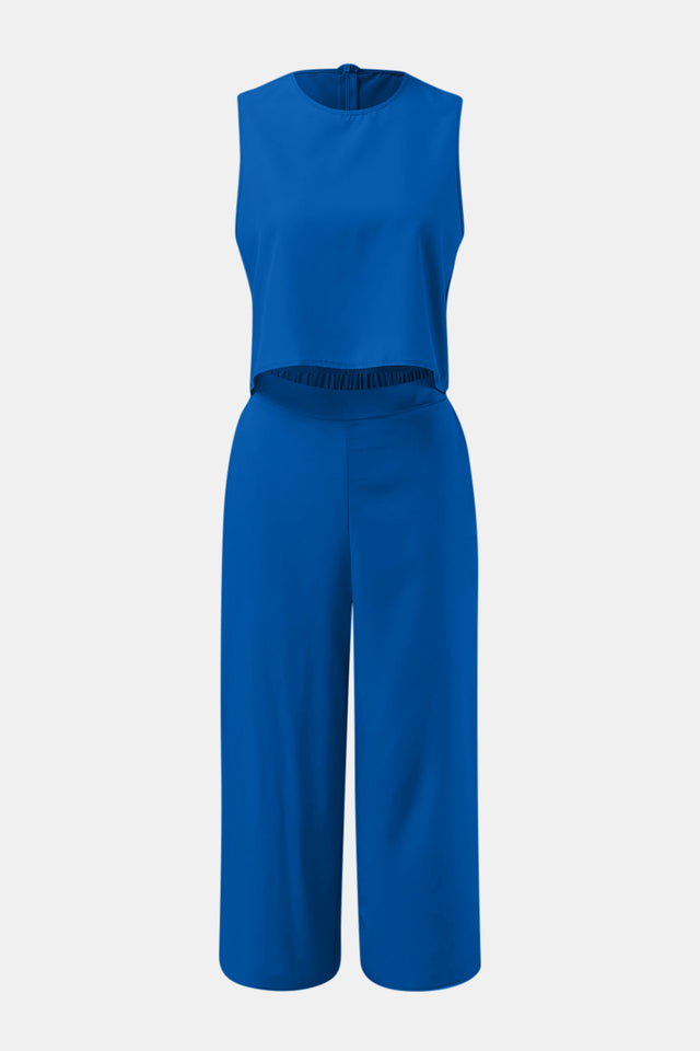 Round Neck Top and Wide Leg Pants Set | Hanalas