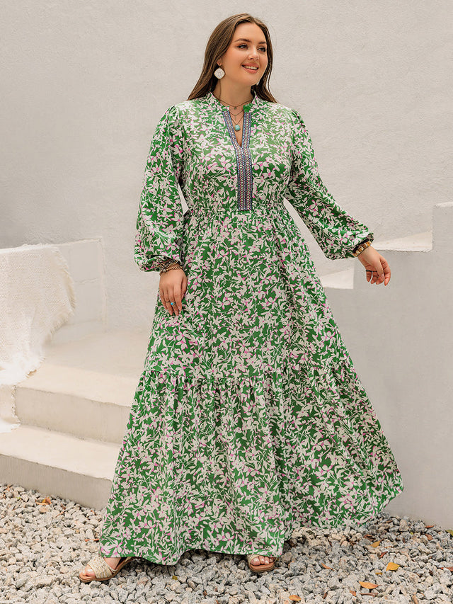 Plus Size Printed Notched Long Sleeve Maxi Dress Trendsi Hanalas