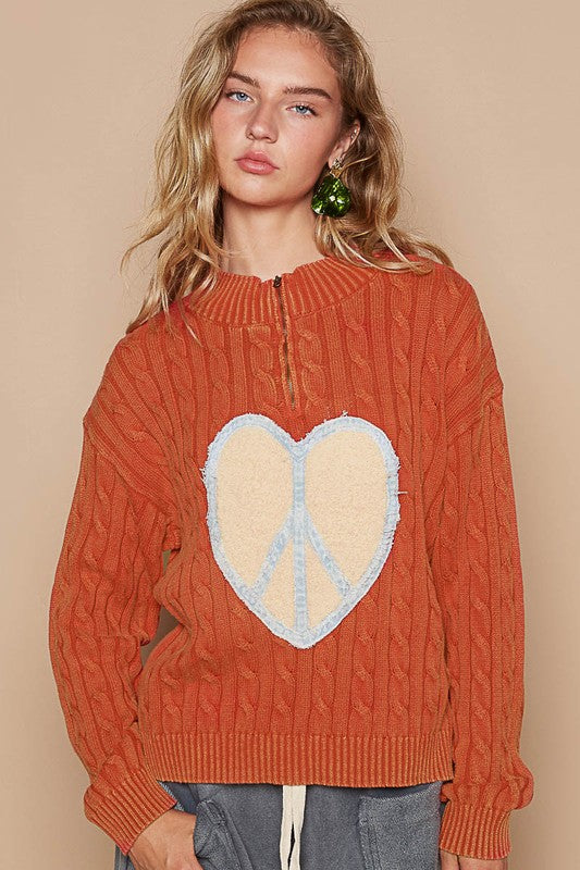 POL Cable-Knit Peace Patch Dropped Shoulder Sweater | Hanalas