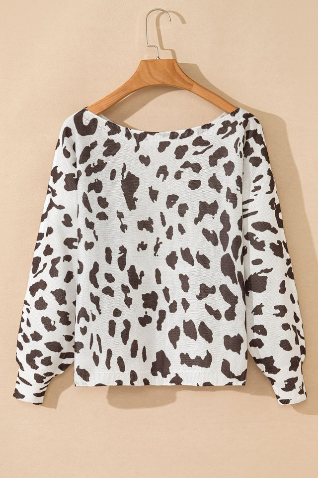 Leopard Boat Neck Long Sleeve Knit Top | Hanalas