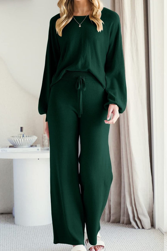 Round Neck Long Sleeve Top and Pants Set | Hanalas