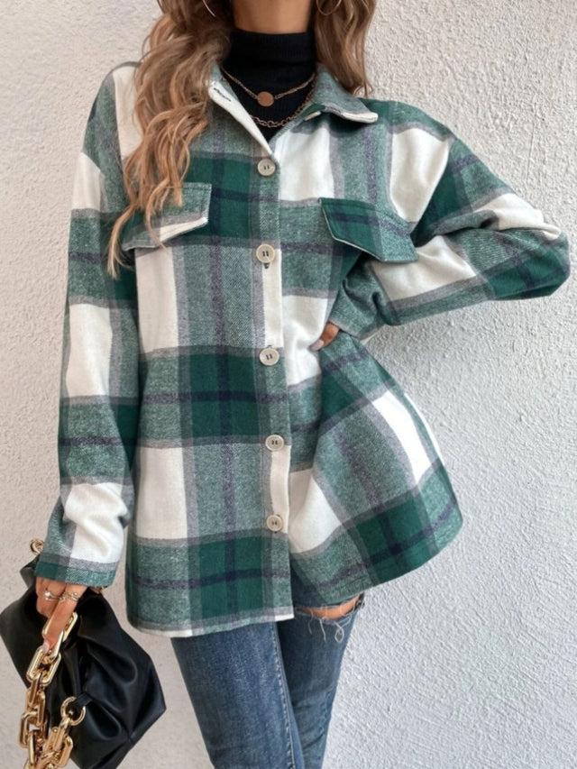 Plaid Collared Neck Dropped Shoulder Shacket | Hanalas