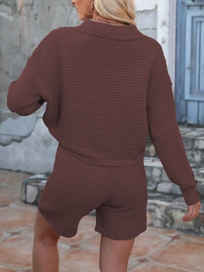 Johnny Collar Long Sleeve Top and Shorts Sweater Set | Hanalas