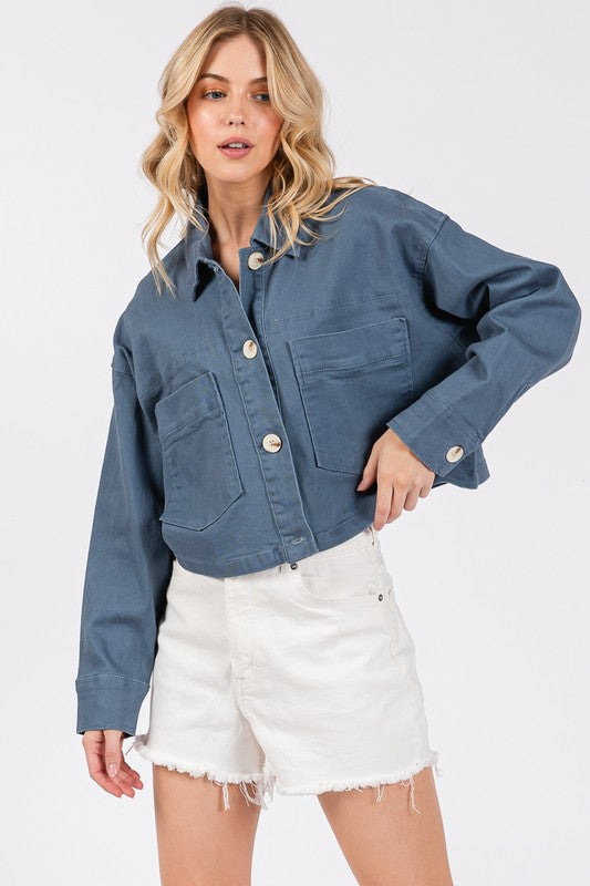 bytos Button Down Cropped Denim Jacket with Patch Pockets | Hanalas