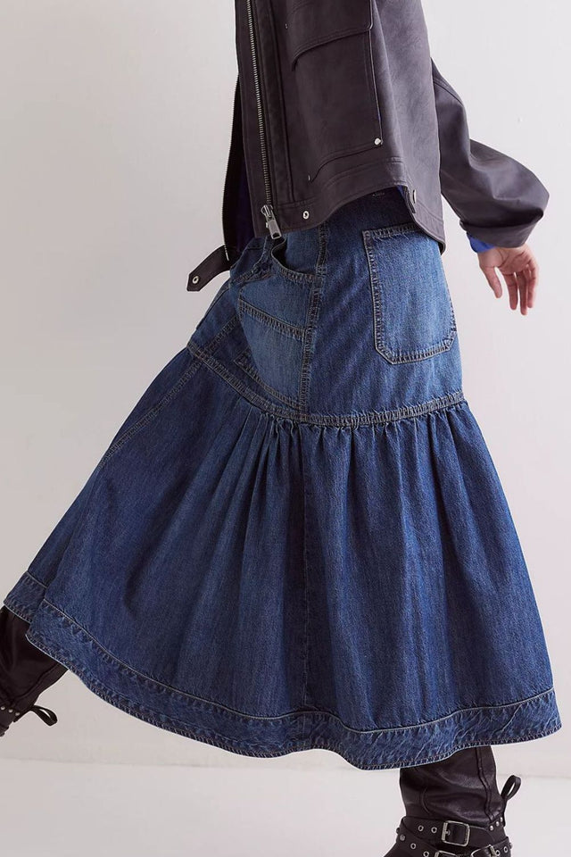 Midi Denim Skirt with Pockets | Hanalas