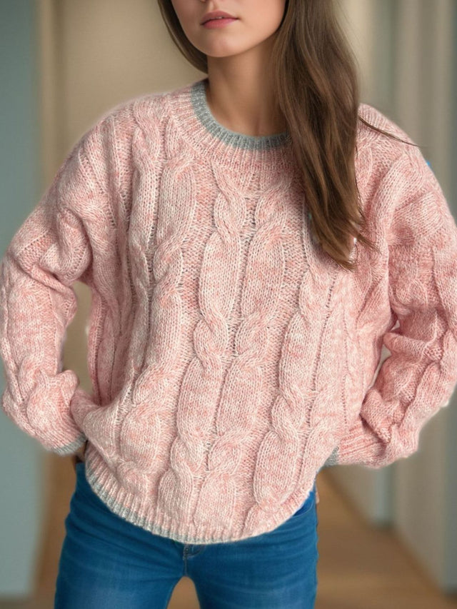 Cable Knit Round Neck Long Sleeve Sweater Trendsi Hanalas