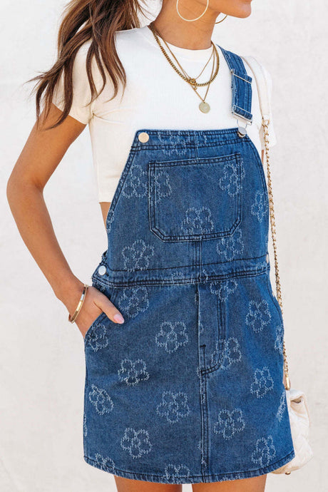 Flower Print Square Neck Denim Overall Dress | Hanalas