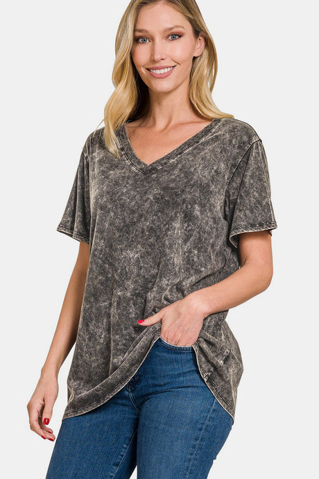 Zenana Full Size Washed Short Sleeve V-Neck T-Shirt | Hanalas