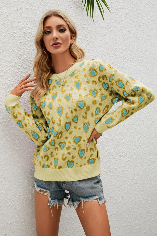 Heart Round Neck Dropped Shoulder Sweater | Hanalas