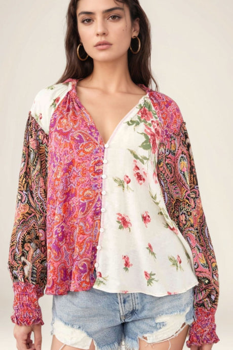 Frill Floral Shirred Cuff Long Sleeve Blouse | Hanalas