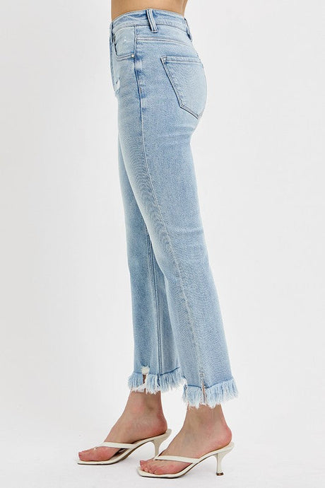 RISEN Full Size Raw Hem Distressed Cropped Flare Jeans Plus Size | Hanalas
