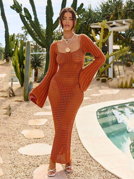 Openwork Square Neck Flare Sleeve Cover-Up Dress | Hanalas