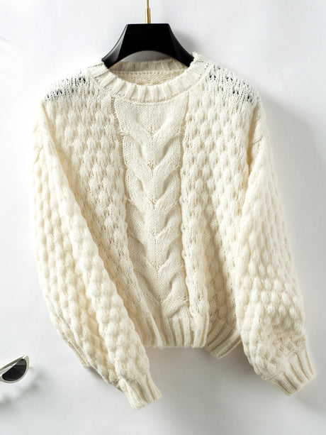 Cable-Knit Round Neck Long Sleeve Sweater Trendsi Hanalas