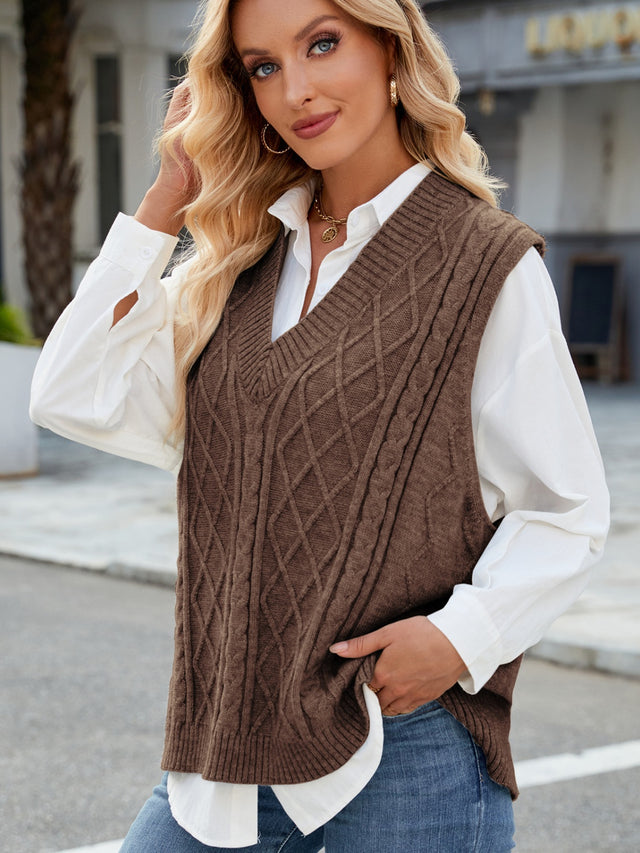 Cable Knit V-Neck Sweater Vest Trendsi Hanalas