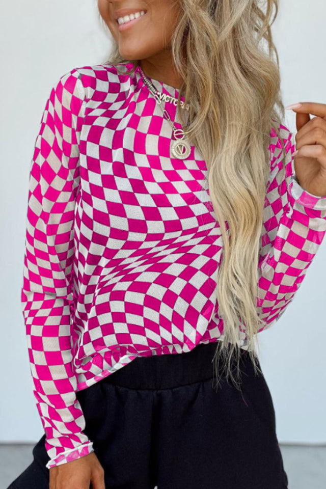 Checkered Mock Neck Long Sleeve Blouse | Hanalas