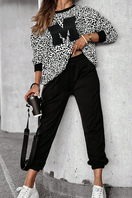 Letter M Leopard Round Neck Top and Pants Set | Hanalas
