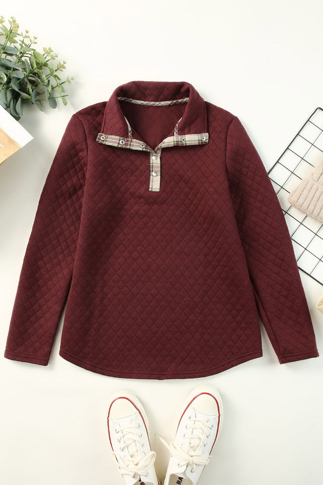 Red Geometric Texture Plaid Trim Sweatshirt | Hanalas