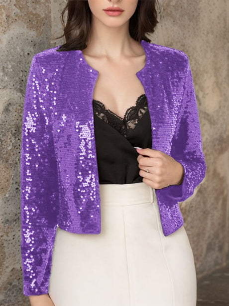 Full Size Sequin Open Front Cropped Jacket | Hanalas