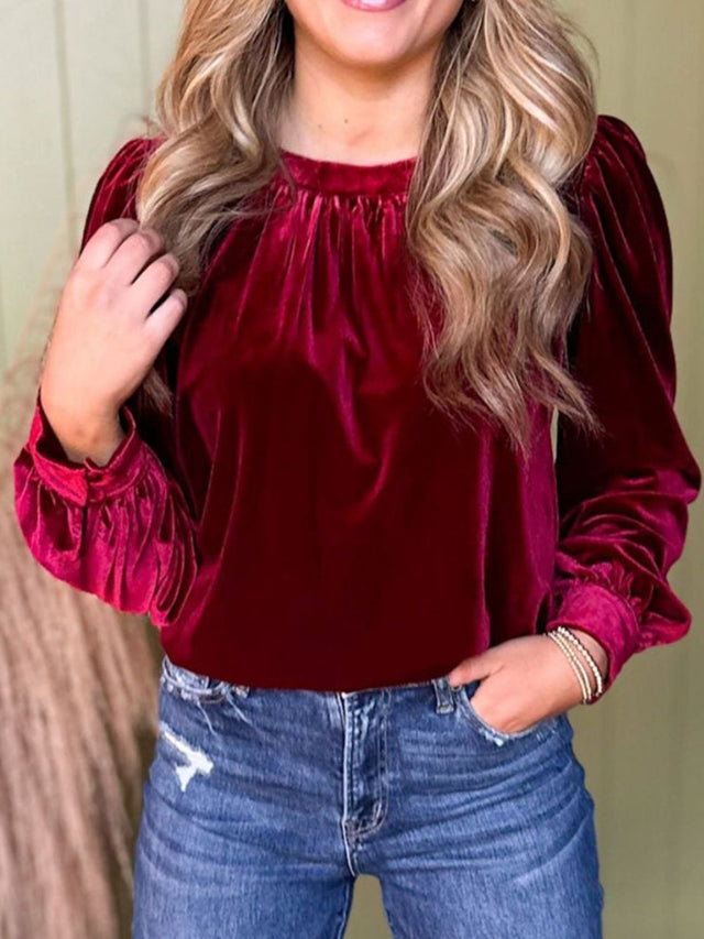 Ruched Round Neck Long Sleeve Blouse | Hanalas