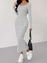 Striped Scoop Neck Long Sleeve Midi Tee Dress | Hanalas