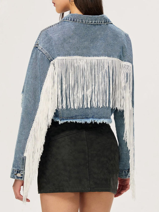 Distressed Fringe Collared Neck Cropped Denim Top | Hanalas