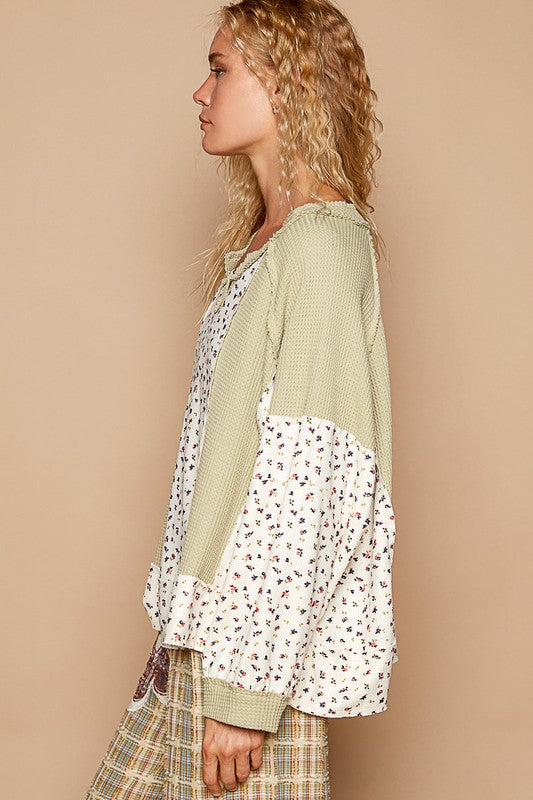 POL Waffle Knit Floral Notched Long Sleeve Top | Hanalas