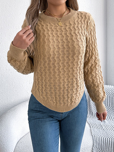 Asymmetric Hem Round Neck Long Sleeve Sweater Trendsi Hanalas