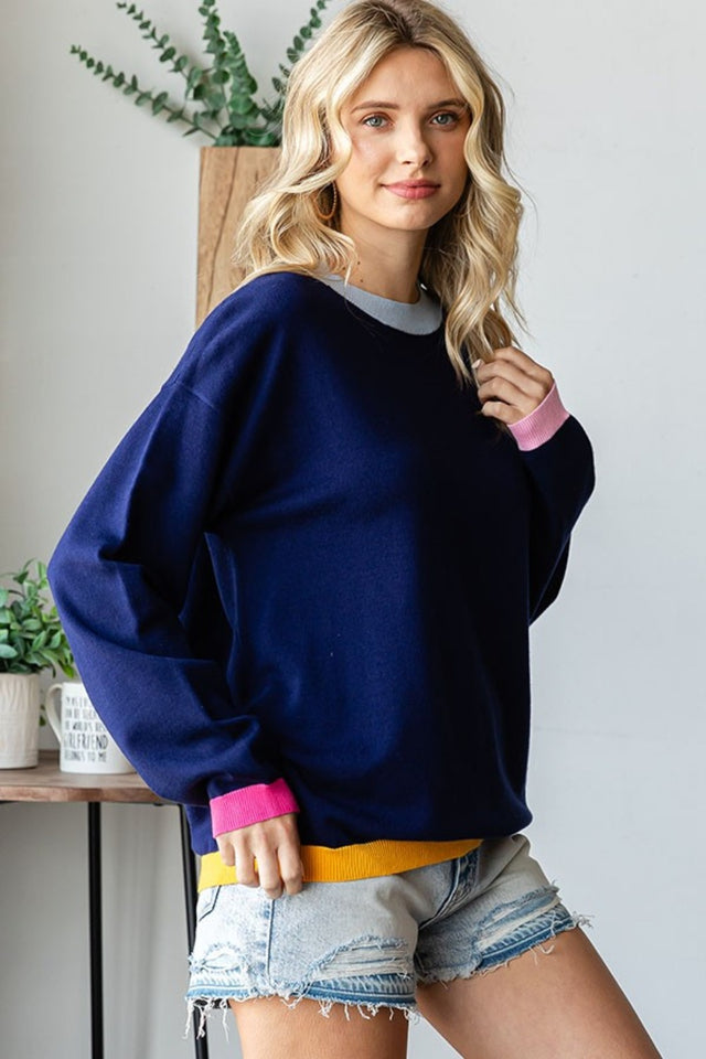 First Love Contrast Ribbed Round Neck Long Sleeve Sweater | Hanalas