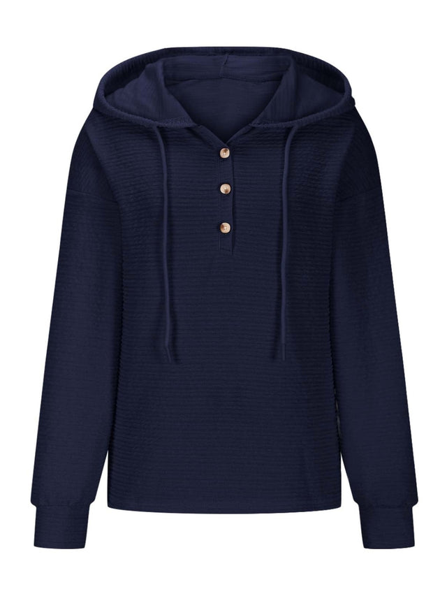 Drawstring Quarter Button Long Sleeve Hoodie | Hanalas